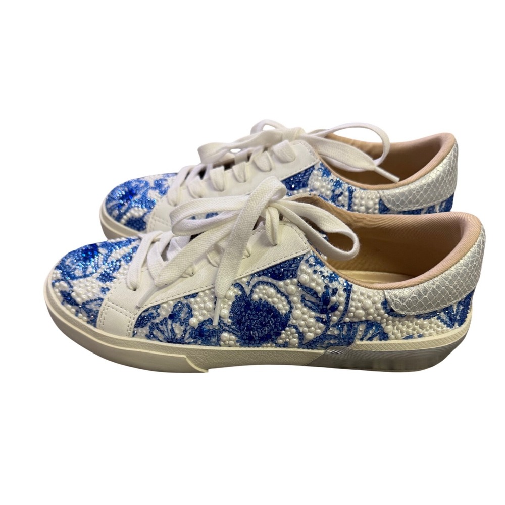 Betsey Johnson SB-DAMON Blue White Pearl Rhinestone Floral Sneakers Womens 5M